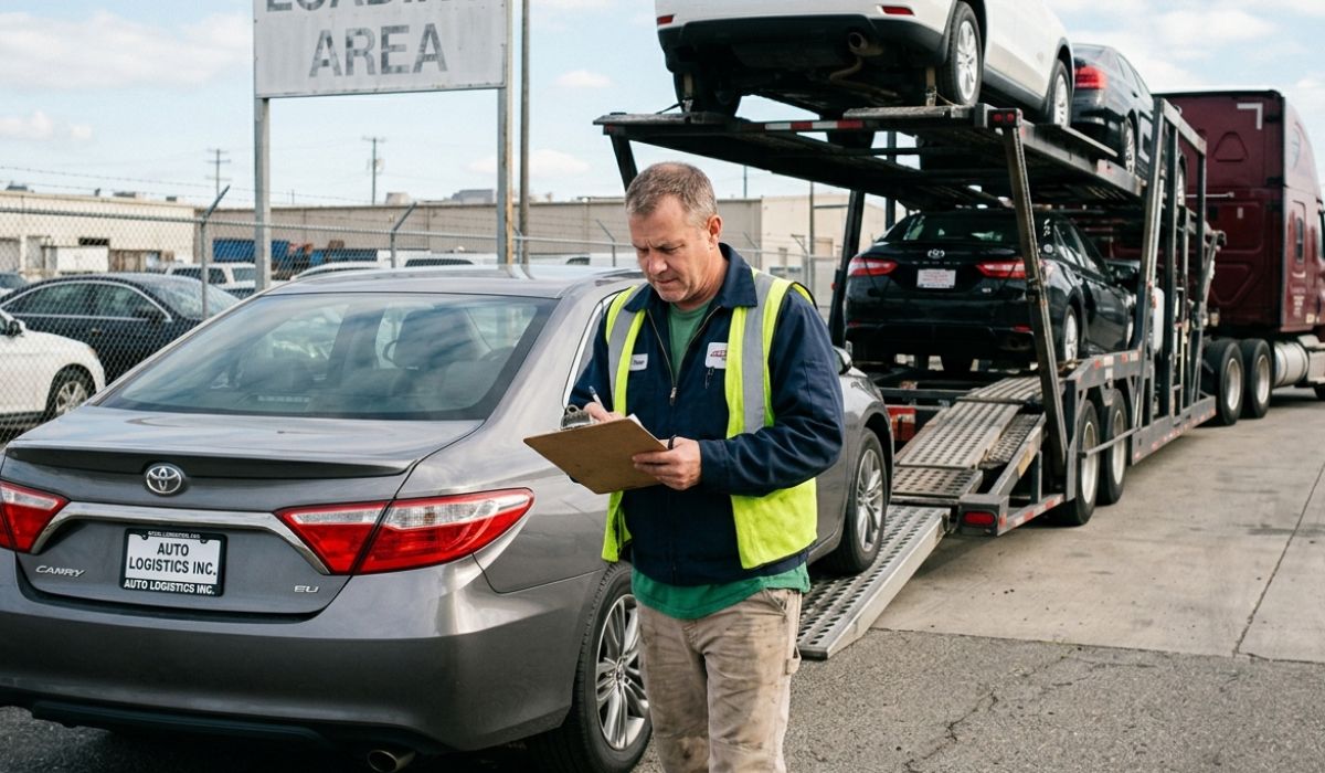 Professional driver inspecting and picking up car from home for interstate auto shipping from North Carolina to New York