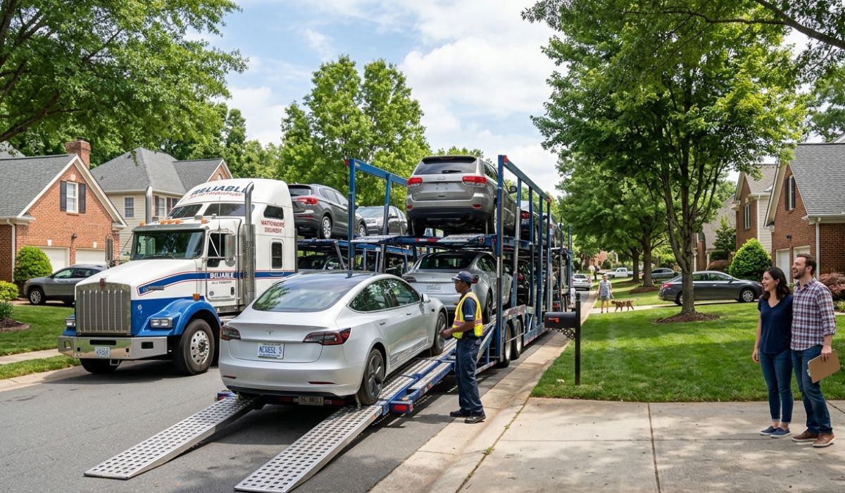 Professional driver loading a sedan from a residential driveway showing door-to-door Illinois to New York car shipping process.