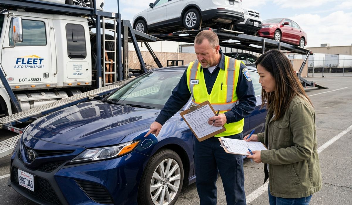 Professional driver loading sedan onto car carrier truck for San Antonio auto transport service