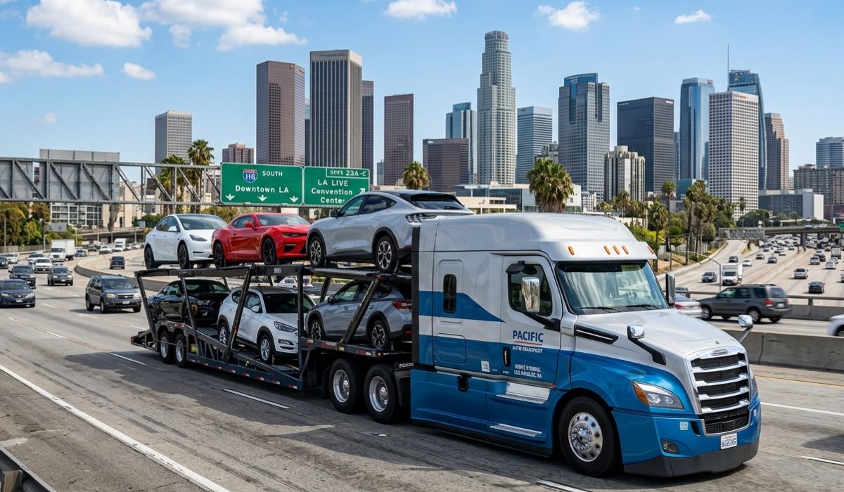 Professional Kansas auto transport process showing car loading on open carrier for long distance shipping