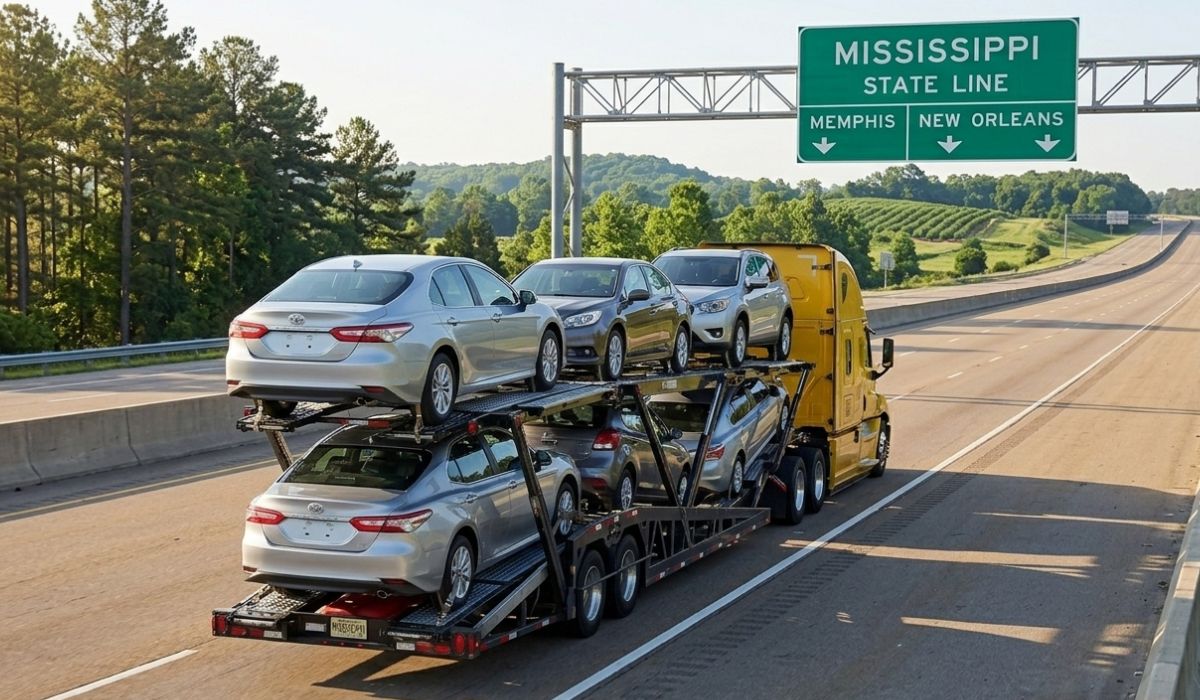 Professional Nebraska auto transport carrier loading car onto open trailer for interstate shipping