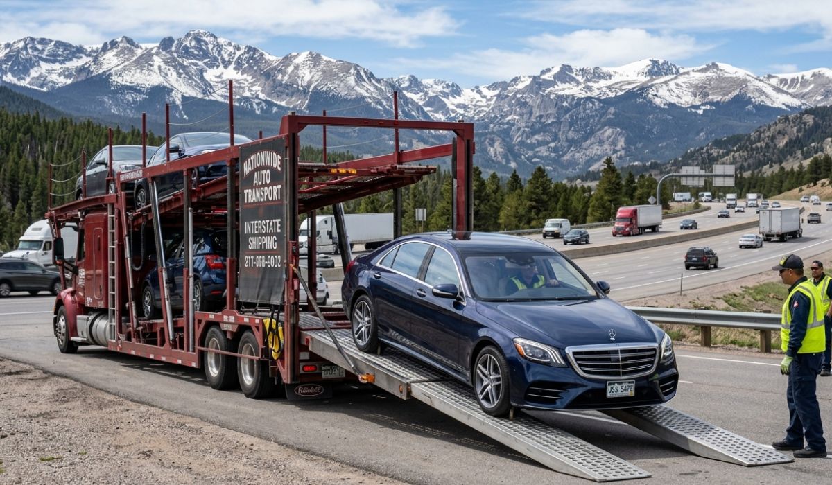 Santa Cruz car shipping delivery process showing car being unloaded at destination with happy customer receiving vehicle.