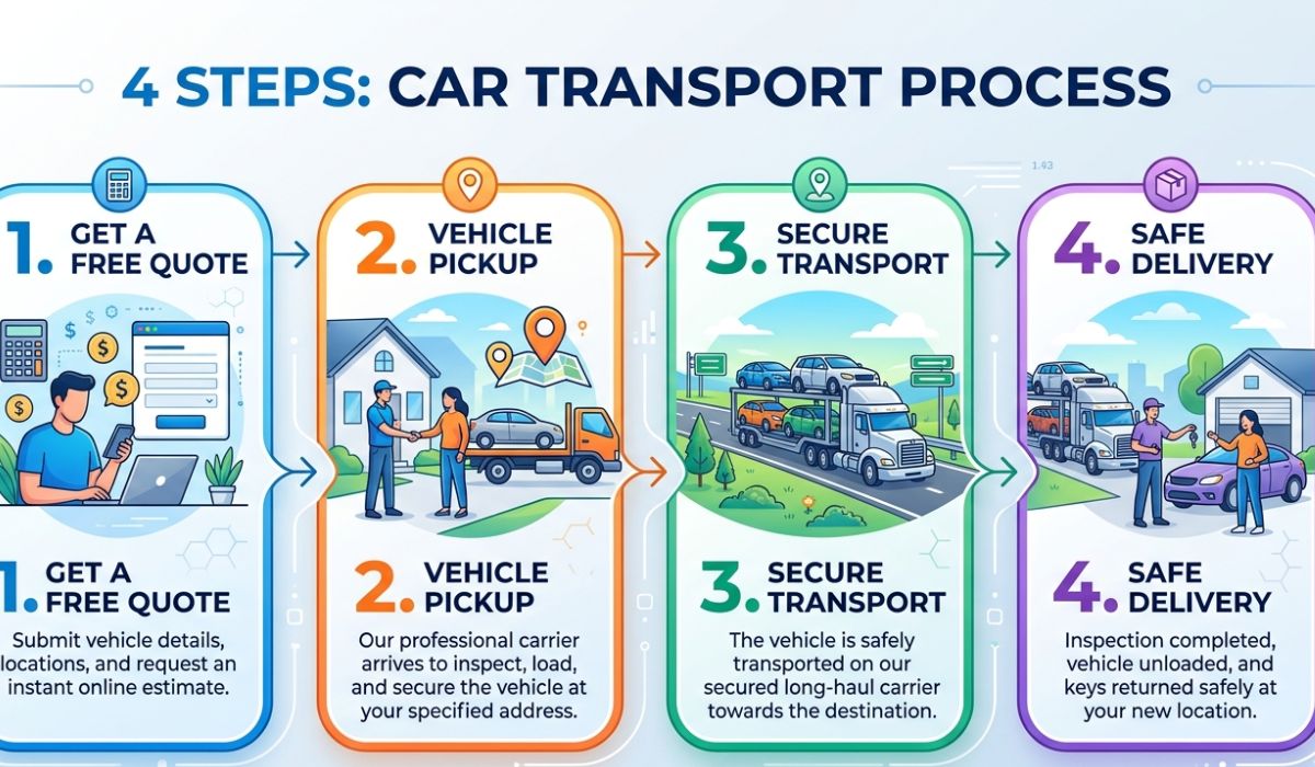 St Louis MO car shipping process showing vehicle pickup, loading, and transport logistics workflow with carrier truck