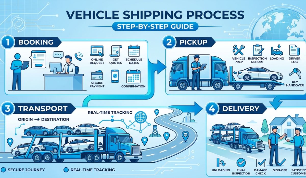 Step-by-step Arizona auto transport process showing vehicle pickup inspection and loading on transport trailer