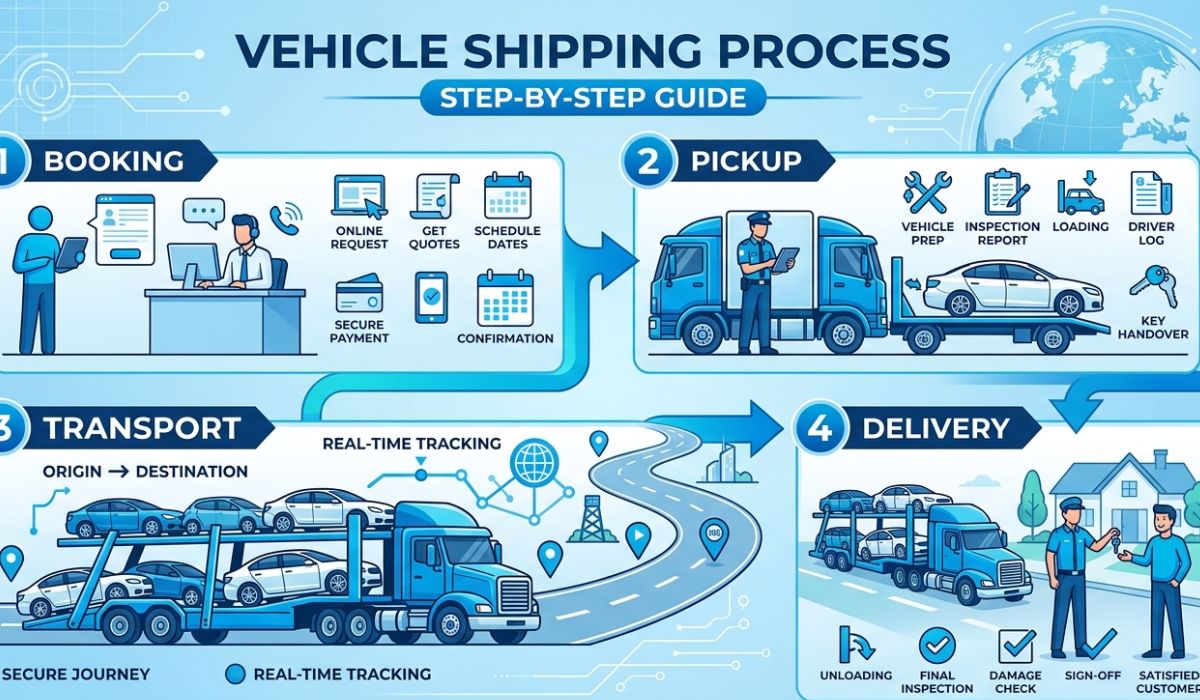 Step by step California car shipping workflow showing booking, pickup inspection, transport, and final delivery process