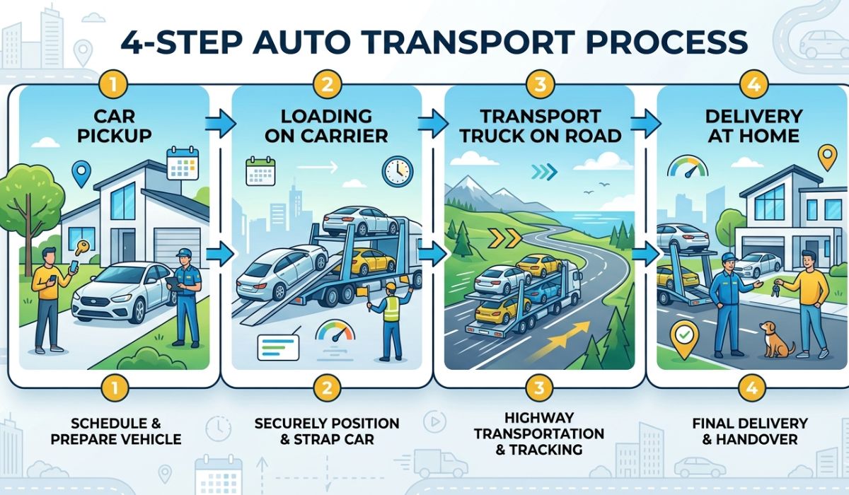 step by step Eugene car shipping process showing vehicle inspection pickup loading and transport truck services