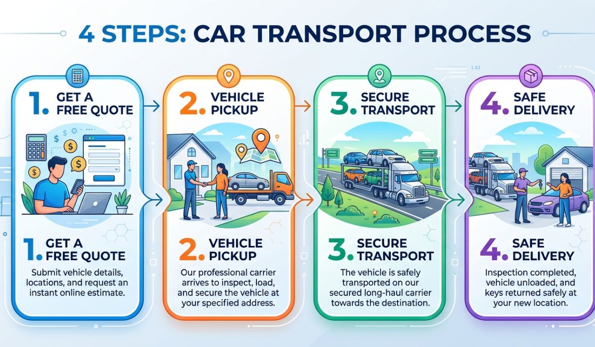Step by step Maine auto transport process showing pickup inspection, loading, transit tracking, and final vehicle delivery