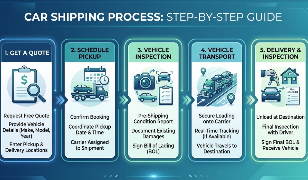 Step by step Maryland to Florida vehicle transport service showing booking, pickup inspection, and delivery process