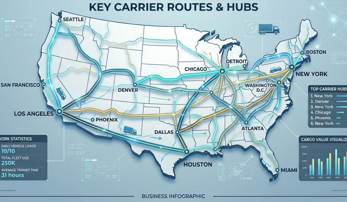 Tampa car shipping routes map connecting Tampa Florida with New York, Texas, California, Illinois, and Pennsylvania through nationwide auto transport services