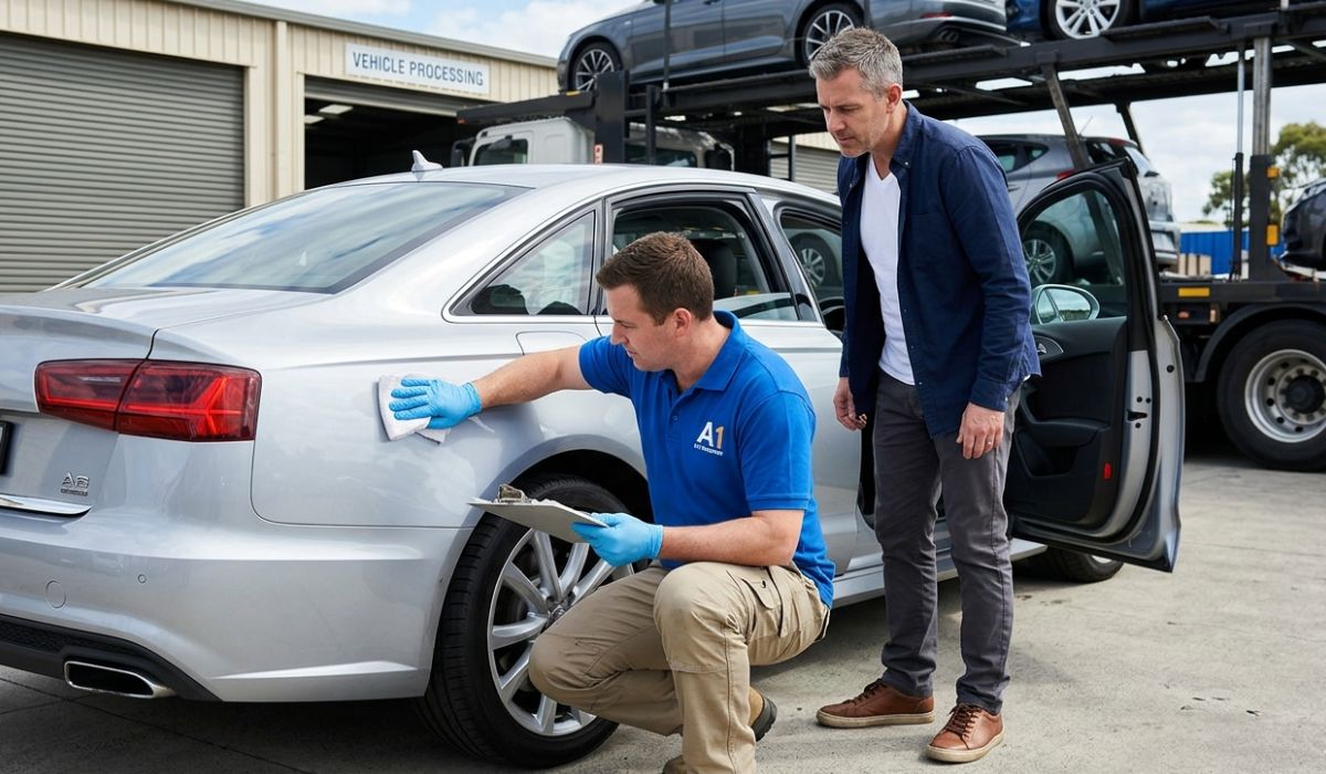 Transport specialist inspecting car before pickup for Portland car transport service with bill of lading documentation and vehicle inspection