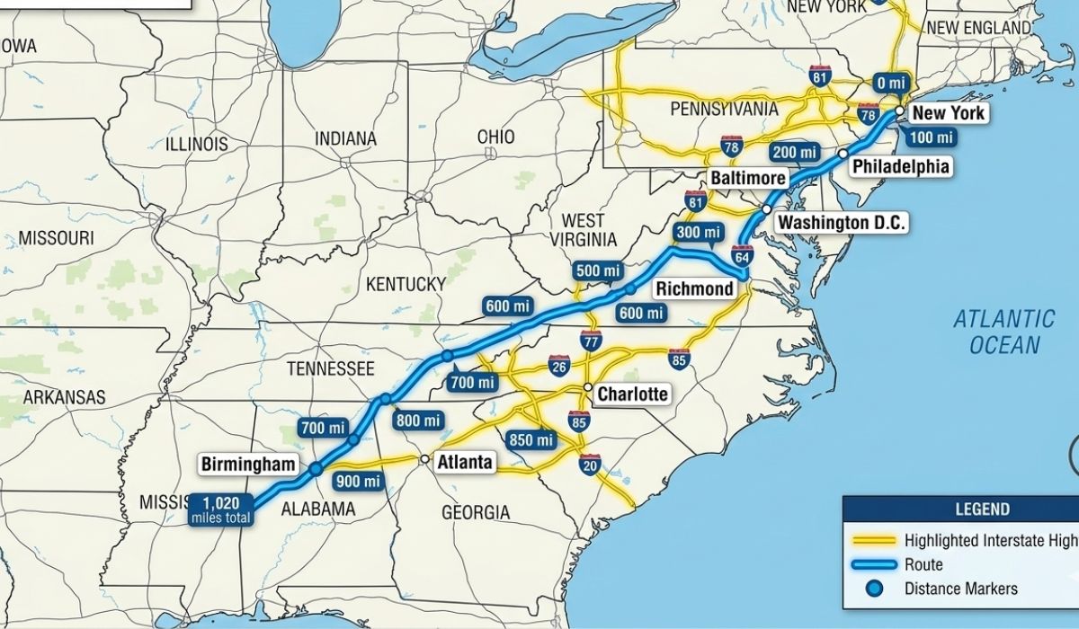 USA map highlighting Georgia to Colorado car shipping route with interstate highways and transport logistics planning visualization