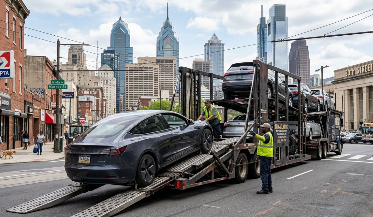 Vehicle delivery Michigan to Texas with car unloading from transport truck and customer receiving car safely at destination