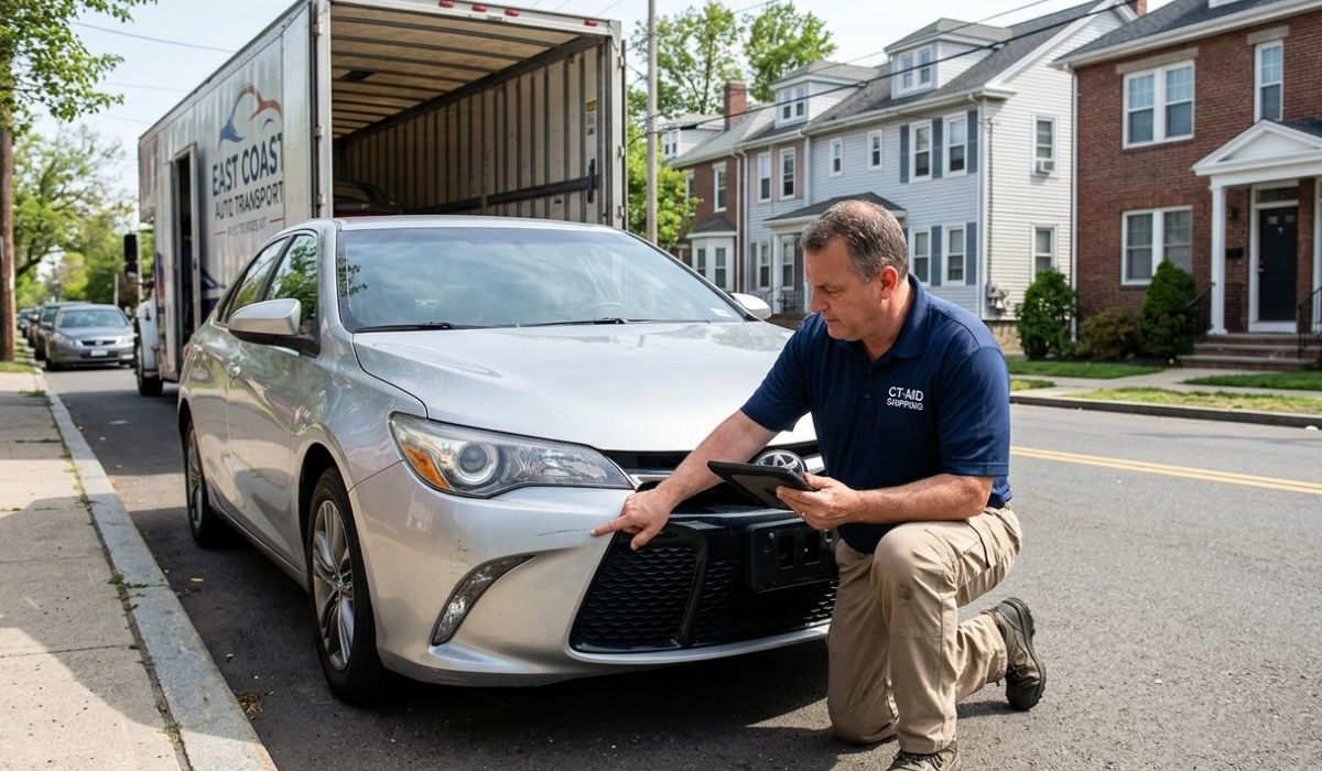 Vehicle inspection before Kansas car shipping delivery showing damage check and transport safety