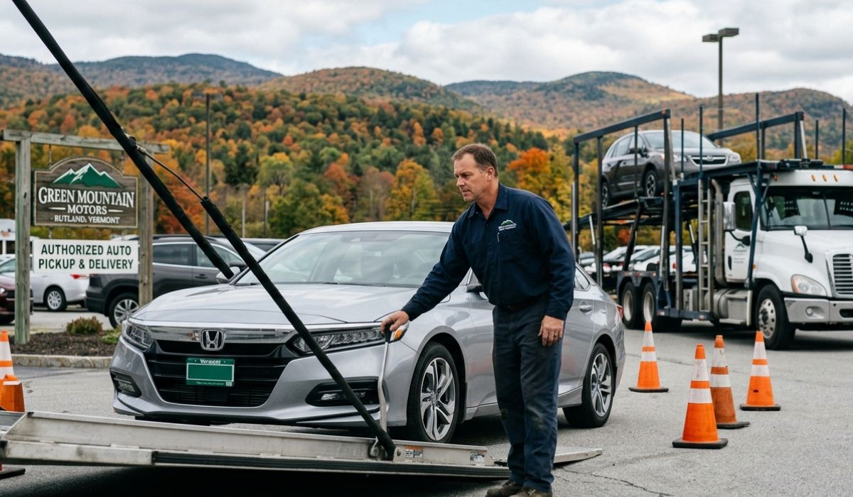 Wisconsin car shipping delivery process showing car being safely unloaded at residential address by Speedcomd carrier