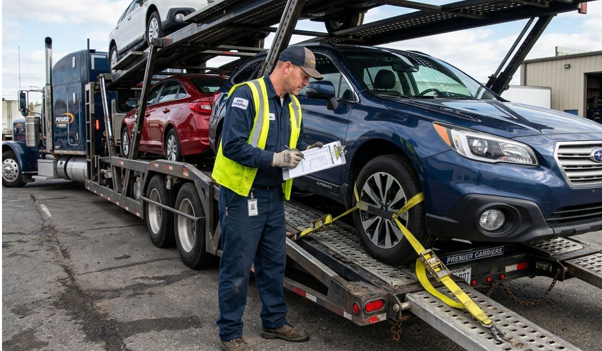 Workers carefully loading SUV onto transport carrier at terminal for New Orleans car shipping process.