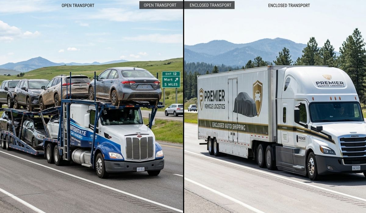 Comparison of open and enclosed UTV transport trailers carrying side-by-side vehicles