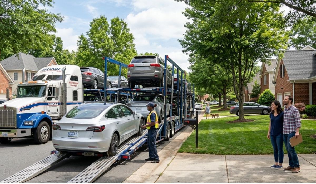 Door-to-door Minnesota to North Dakota car shipping service by SpeedComd loading a sedan onto an open auto transport trailer.