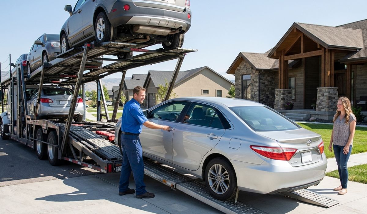 Door-to-door Texas to Tennessee car shipping service with an open auto transport carrier delivering a vehicle
