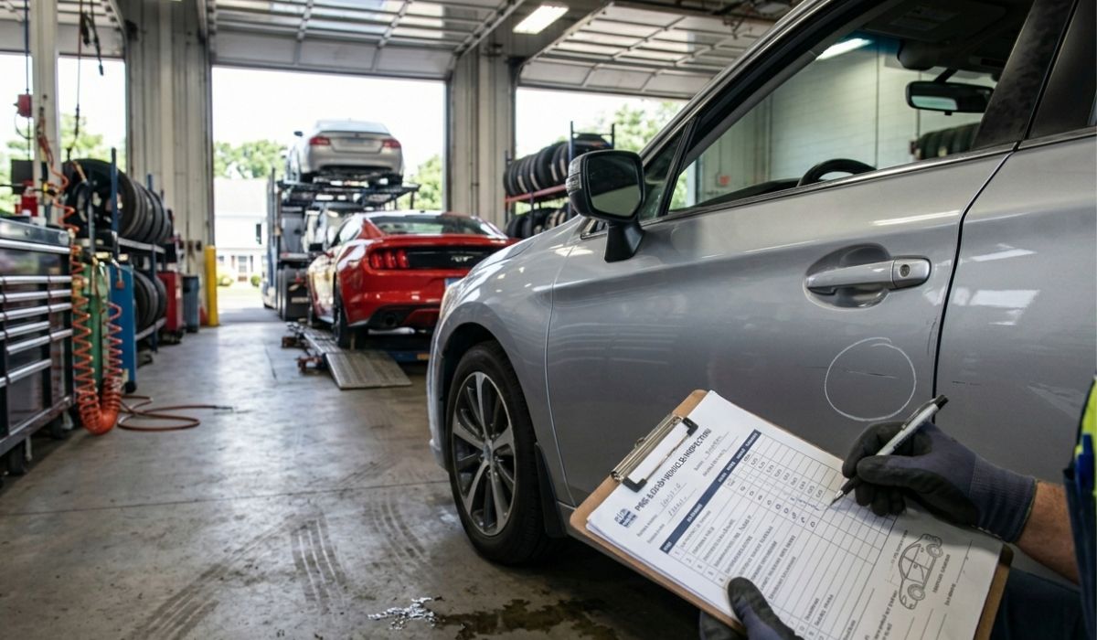 Driver inspecting a vehicle before Schaumburg car shipping pickup to ensure safe transport and delivery