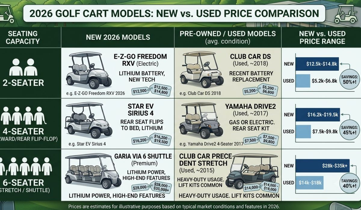 New and used golf cart models displayed with 2026 price comparison for different seating capacities.