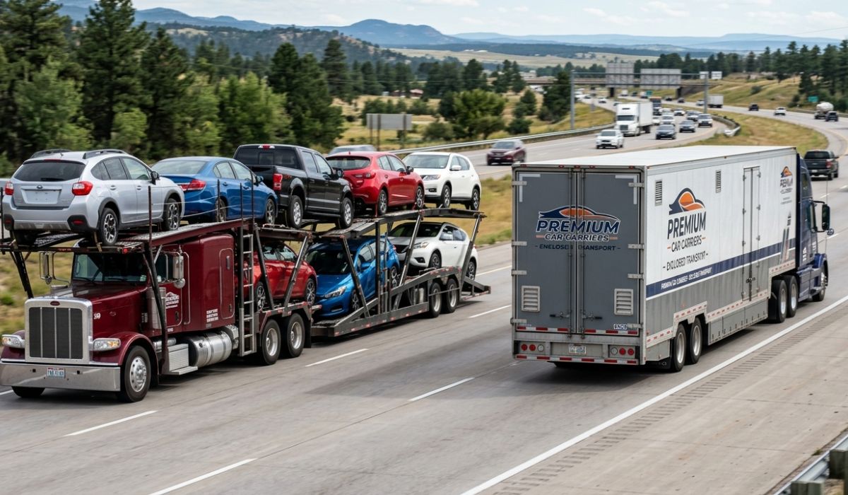 Open and enclosed Belgrade car shipping trailers carrying vehicles safely