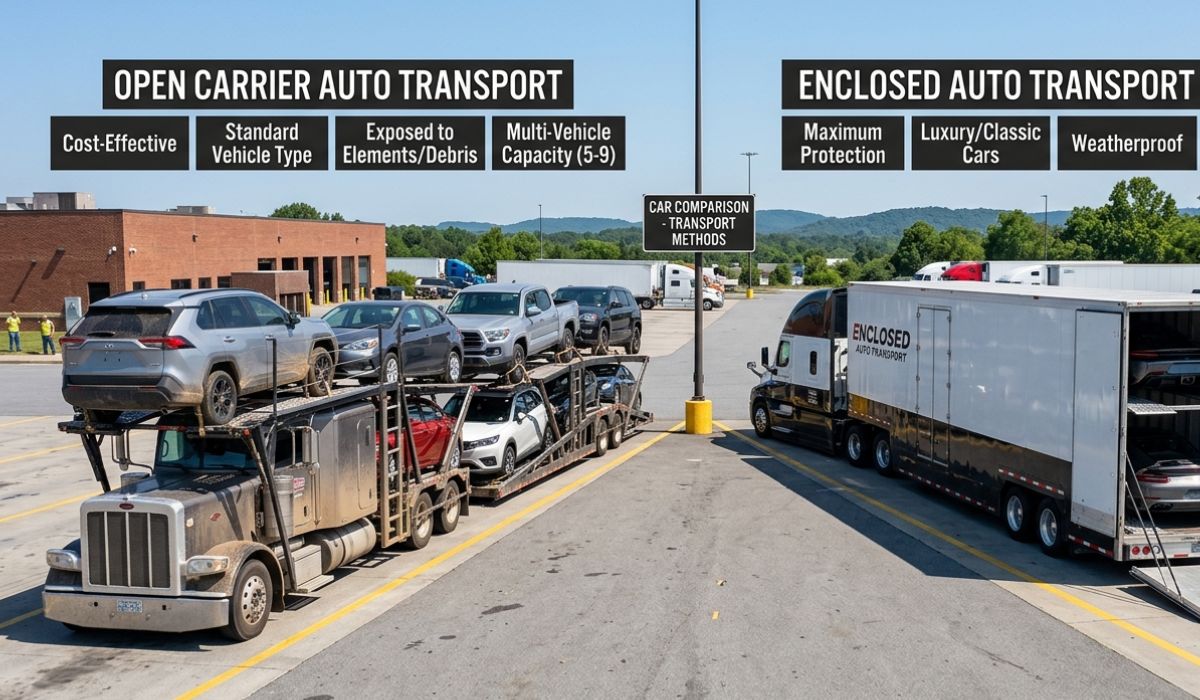 Open and enclosed Texas to Tennessee car shipping trailers transporting luxury and standard vehicles safely
