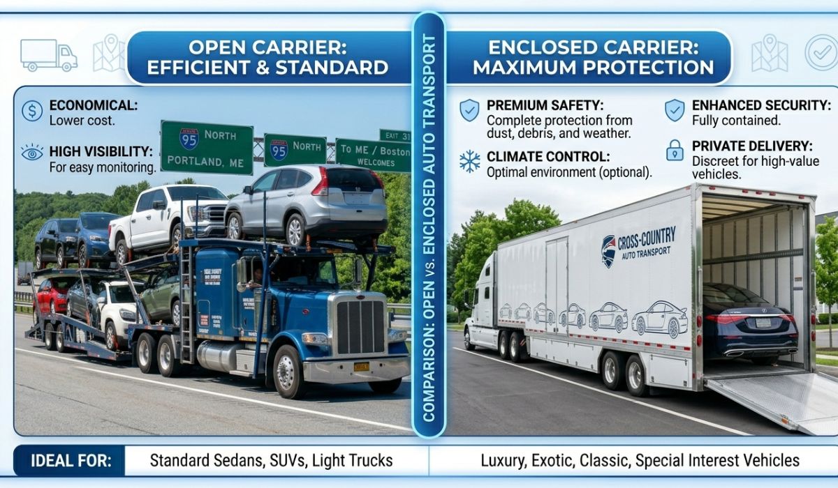 Open vs enclosed Florida to Colorado car shipping showing secure vehicle transport options