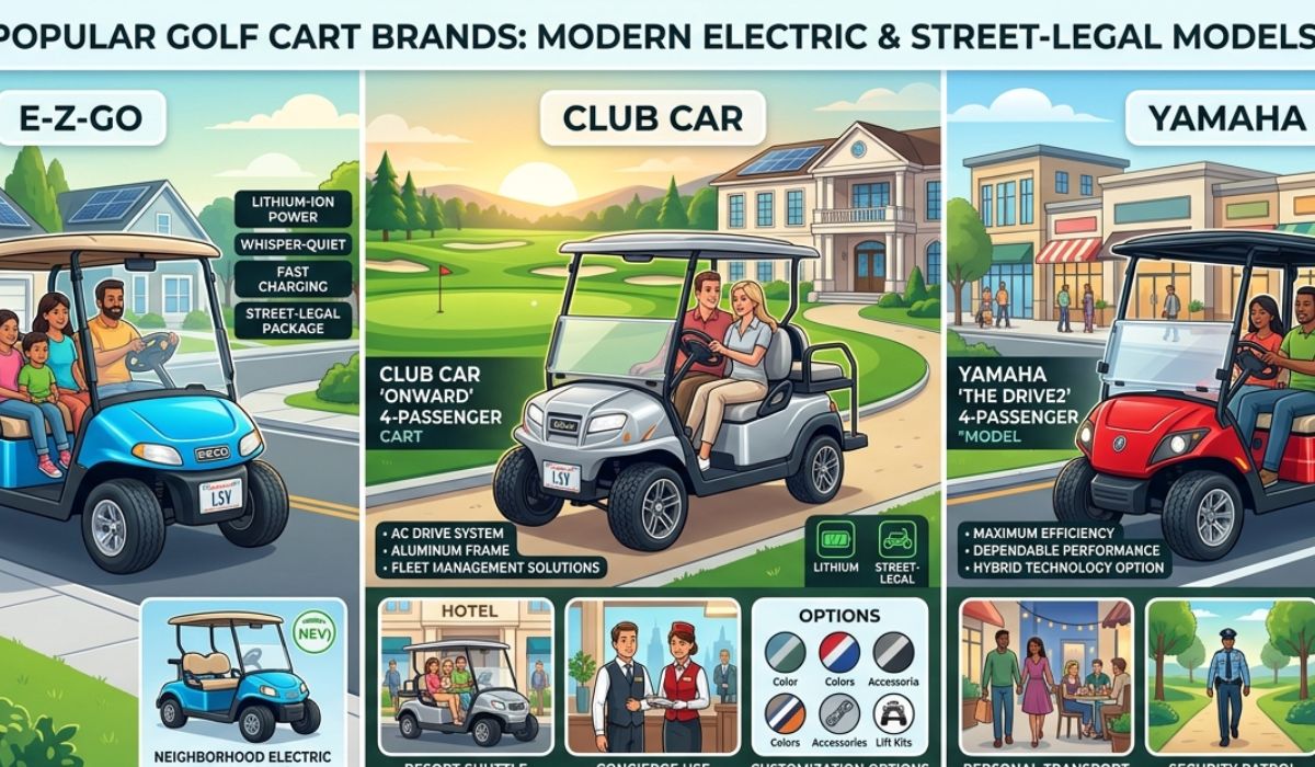 Popular golf cart brands with modern electric and street-legal models available for personal and commercial use.