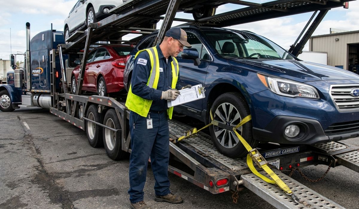 Professional auto carrier loading a sedan for affordable Delaware car shipping with transparent pricing