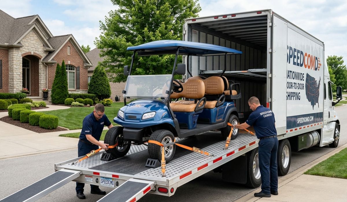 Professional carrier transporting a golf cart safely using SpeedComd's nationwide door-to-door shipping service.