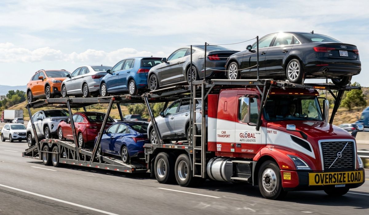 Professional Tuscaloosa auto transport driver loading a car onto an open transport trailer