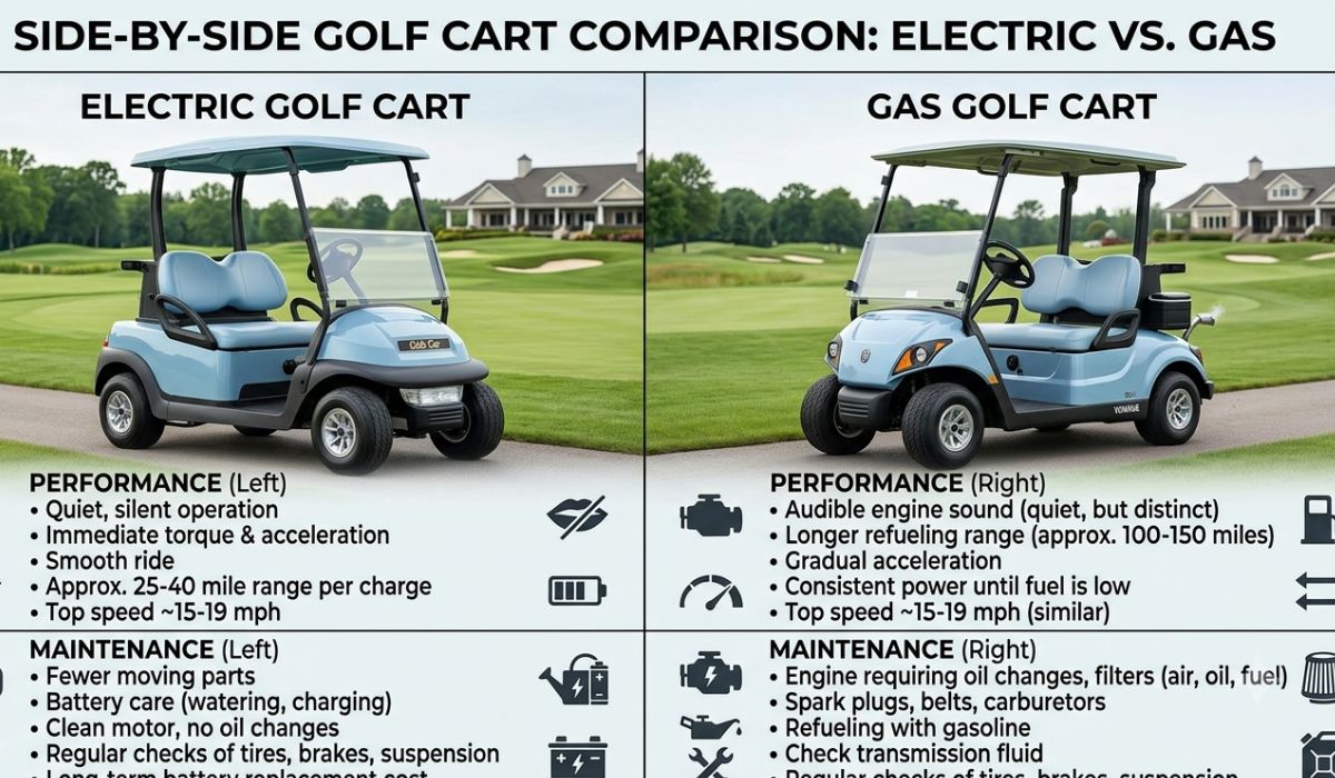 Side-by-side comparison of an electric golf cart and a gas golf cart highlighting performance and maintenance differences.
