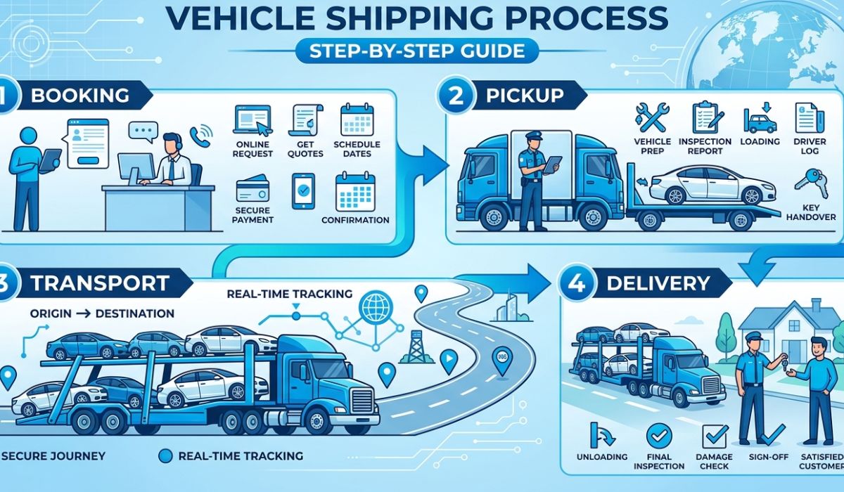 Step-by-step Birmingham Car Shipping process by SpeedComd showing vehicle pickup, transport, and safe delivery