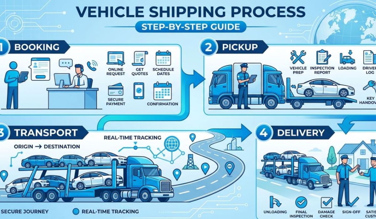 Step-by-step Dallas car shipping process showing vehicle pickup transport and final delivery by SpeedComd