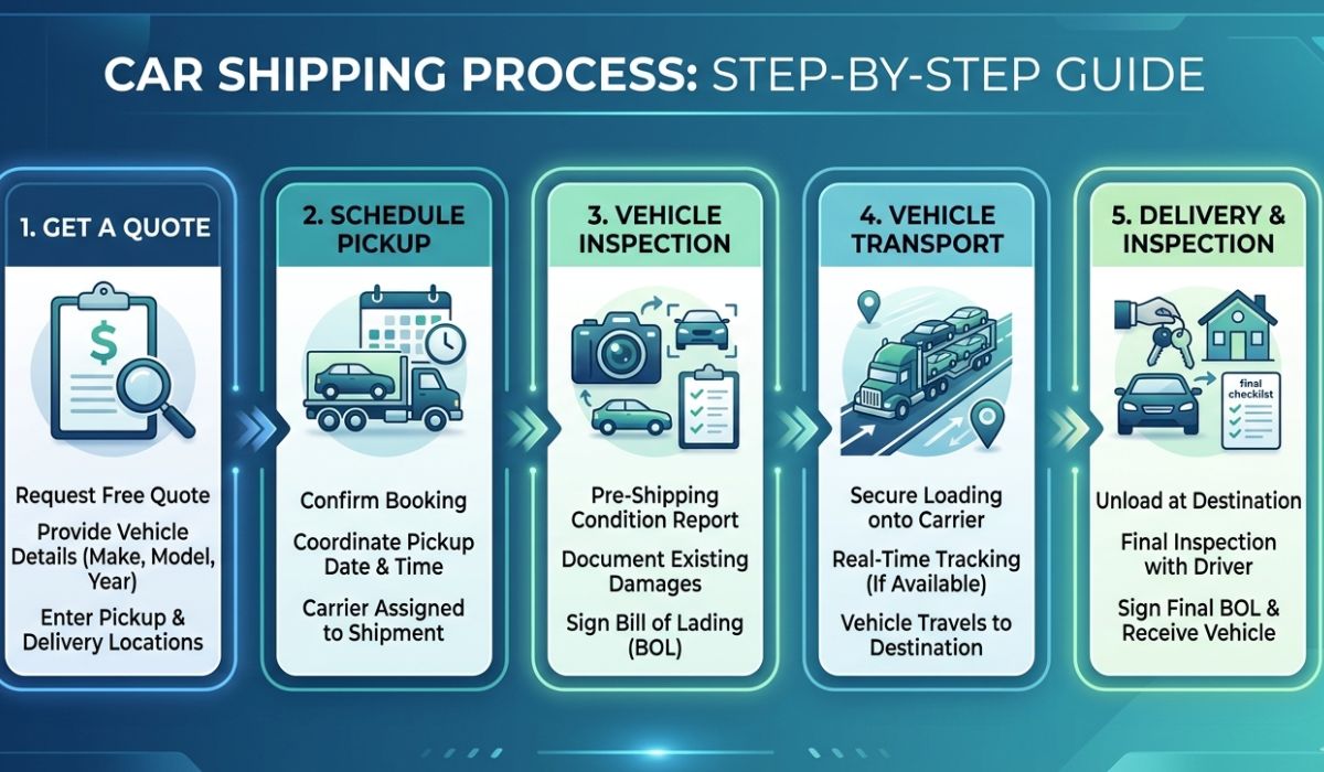 Step-by-step Lafayette car shipping process with vehicle pickup, transportation, and final delivery