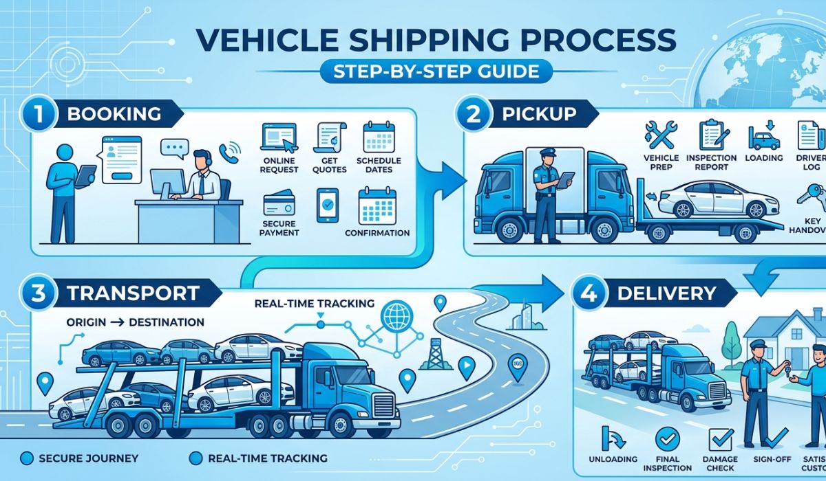 Step-by-step Mesa Car Shipping process showing vehicle pickup, transport, and safe delivery by SpeedComd
