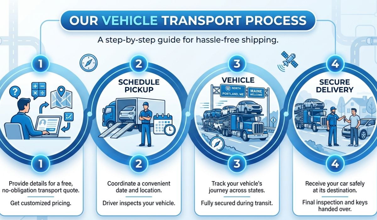 Step-by-step New York to California car shipping process with vehicle pickup and safe delivery by SpeedComd