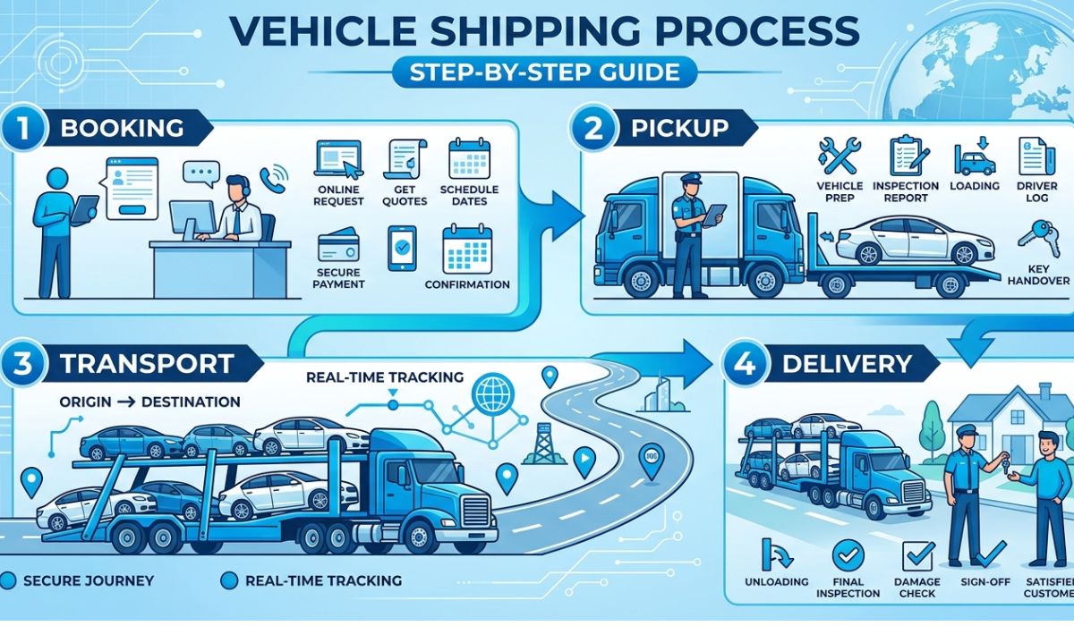 Step-by-step North Carolina to Michigan car shipping process showing vehicle pickup transport and delivery by SpeedComd
