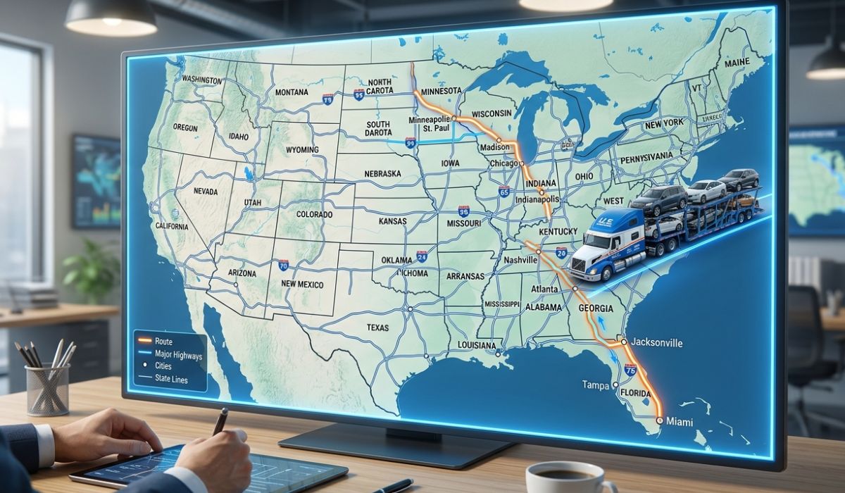 Texas to California car shipping routes map with estimated costs and transit times