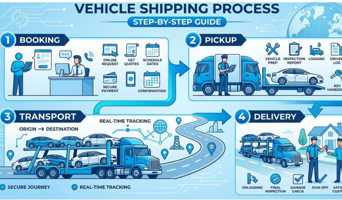 Step-by-step vehicle pickup and delivery process showing professional car transport service in El Paso